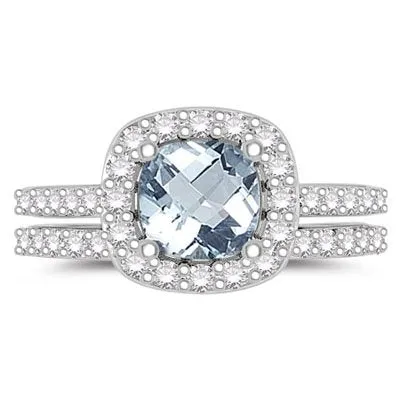 0.68 Cts Diamond & 1.66 Cts Aquamarine Engagement-Wedding Ring Set in 14K White Gold
