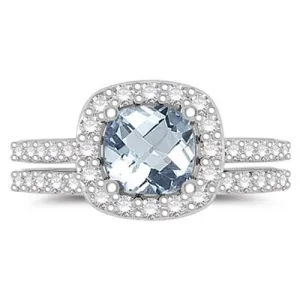 0.68 Cts Diamond & 1.66 Cts Aquamarine Engagement-Wedding Ring Set in 14K White Gold