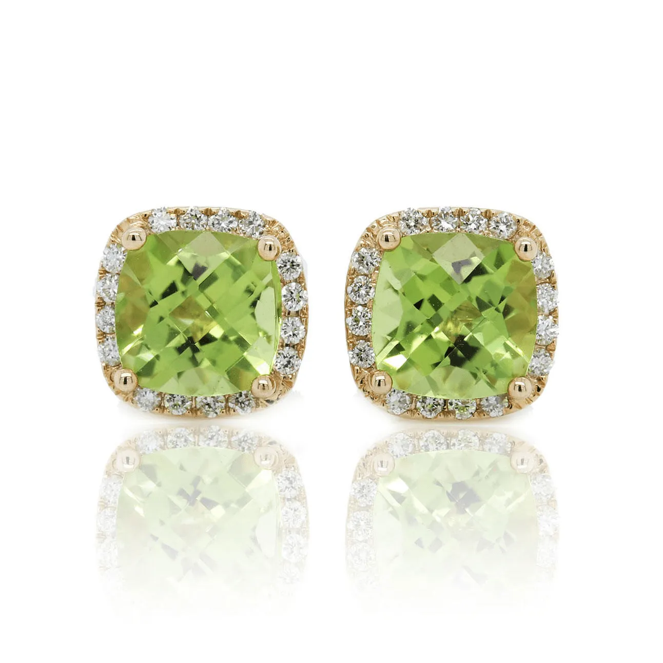 14K Yellow Gold Cushion Peridot Diamond Halo Stud Earrings