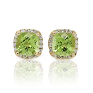 14K Yellow Gold Cushion Peridot Diamond Halo Stud Earrings