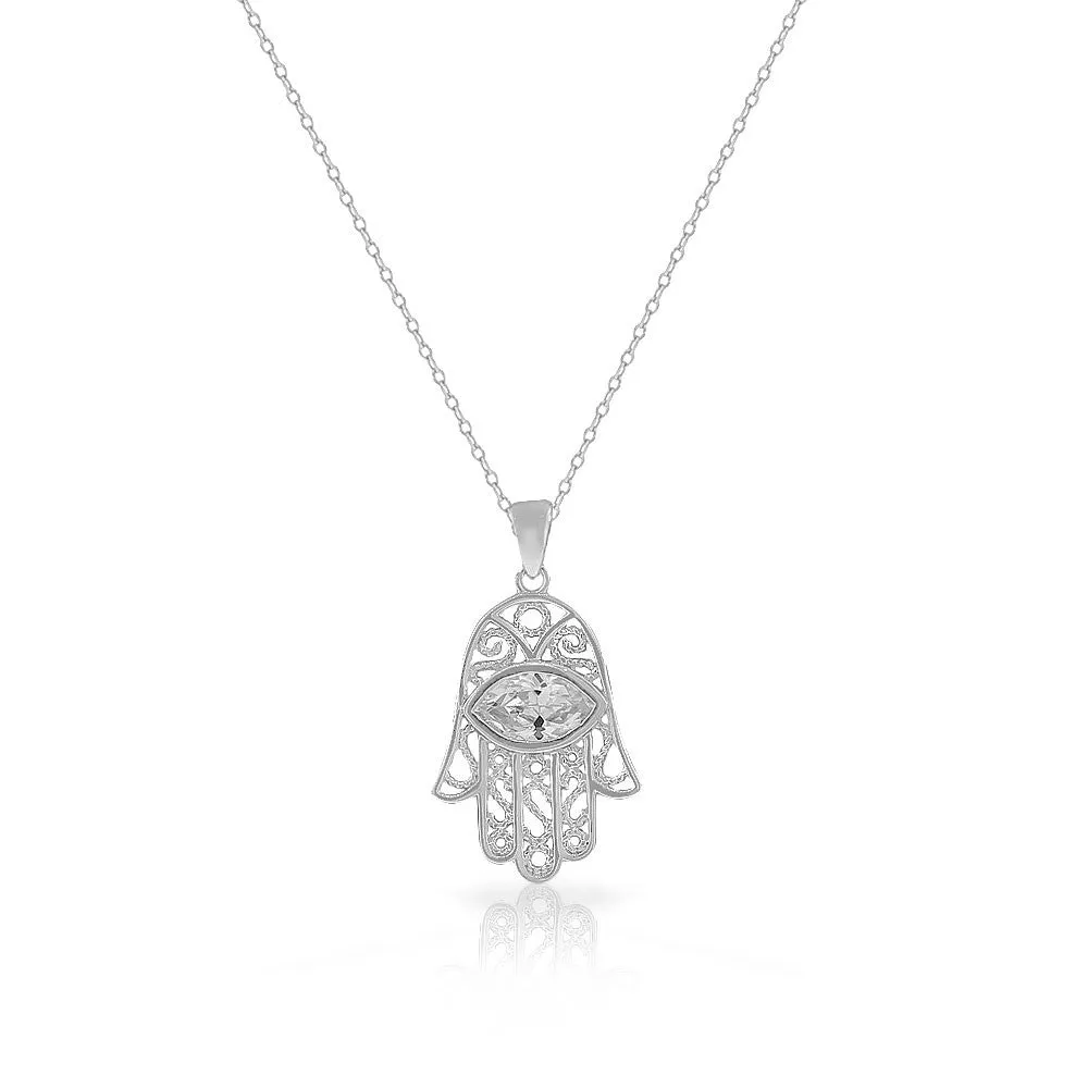 925 Sterling Silver CZ Evil Eye Protection Hamsa Pendant