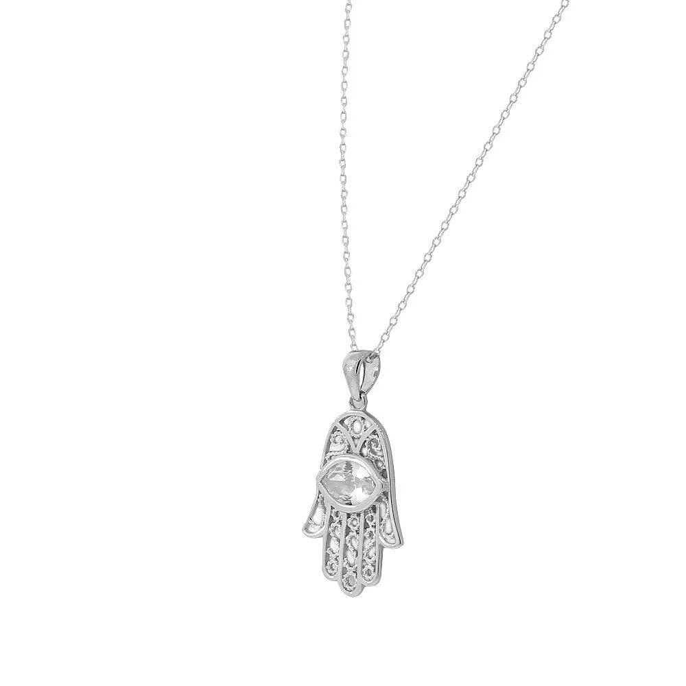 925 Sterling Silver CZ Evil Eye Protection Hamsa Pendant