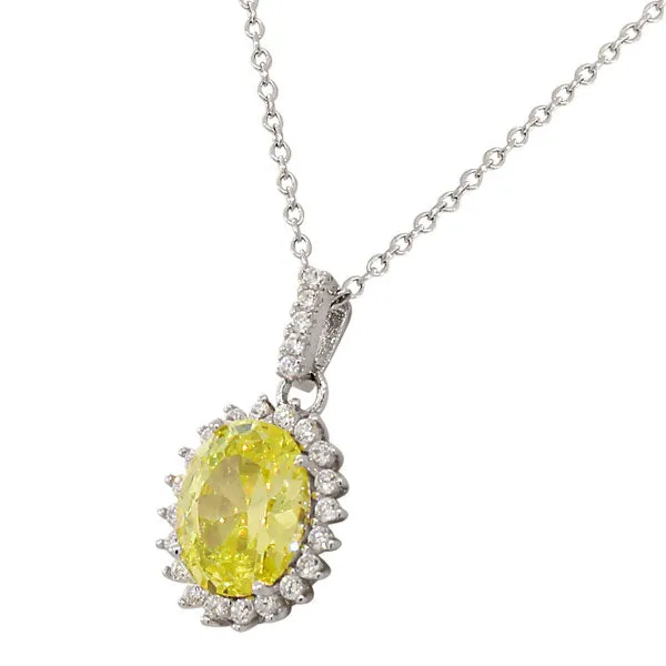 925 Sterling Silver Yellow Citrine-Tone White CZ Oval Charm Necklace Stud Earrings Set