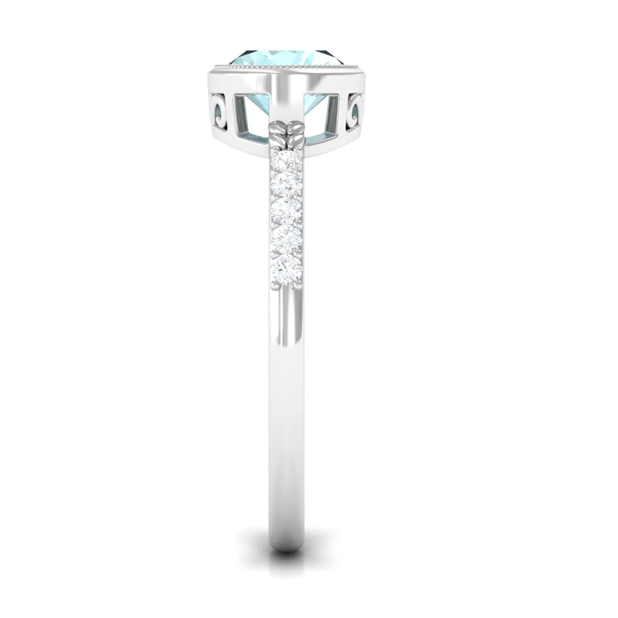 Bezel Set Oval Sky Blue Topaz East West Engagement Ring with Diamond