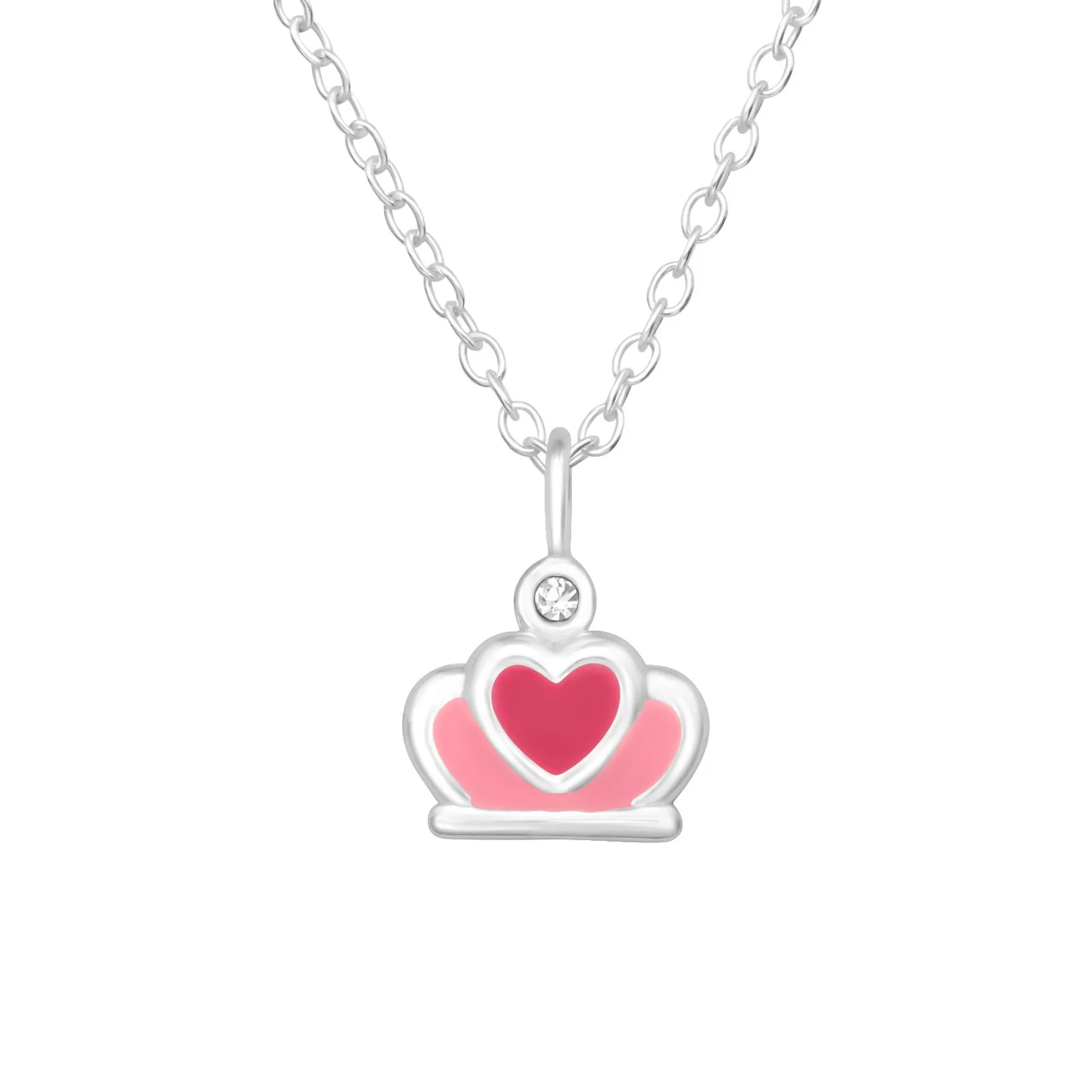 Children’s Sterling Silver Pink Crown with Heart detail Necklace.