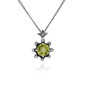 Collier Floral Argent 925 Péridot Rond et Marcassite