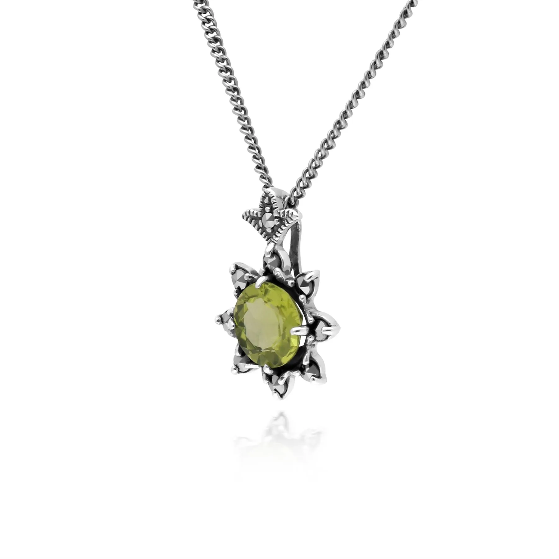 Collier Floral Argent 925 Péridot Rond et Marcassite