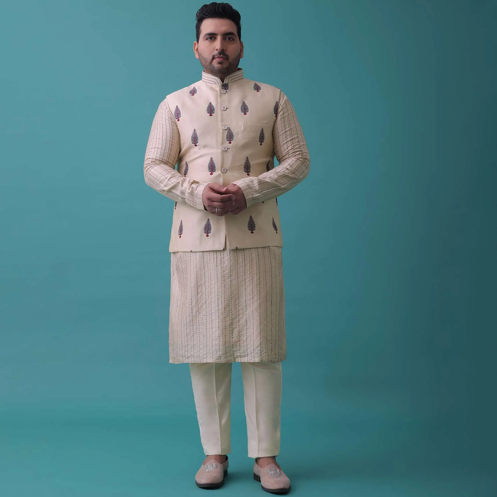 Cream White Art Silk Jacket Kurta Set With Threadwork