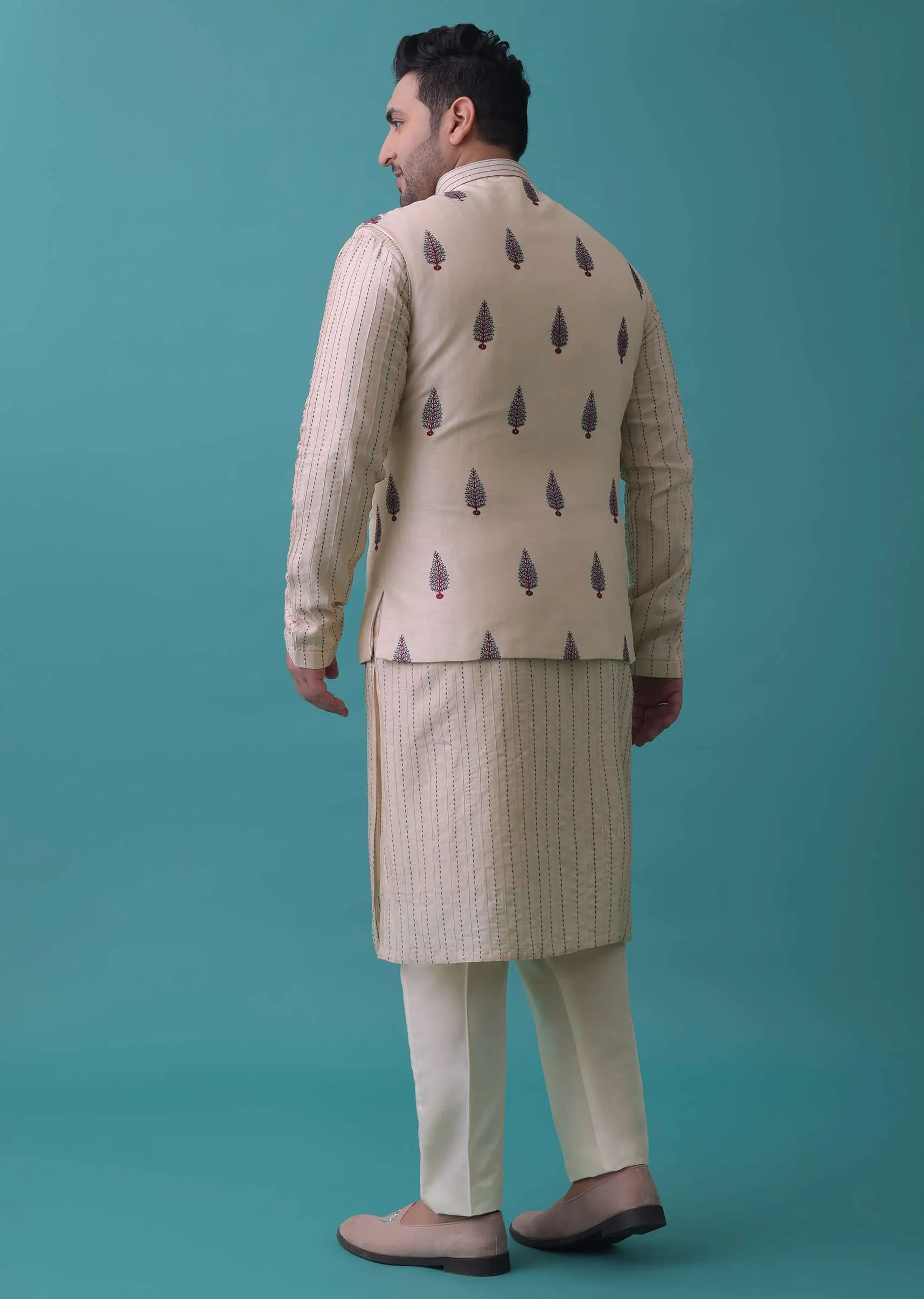 Cream White Art Silk Jacket Kurta Set With Threadwork