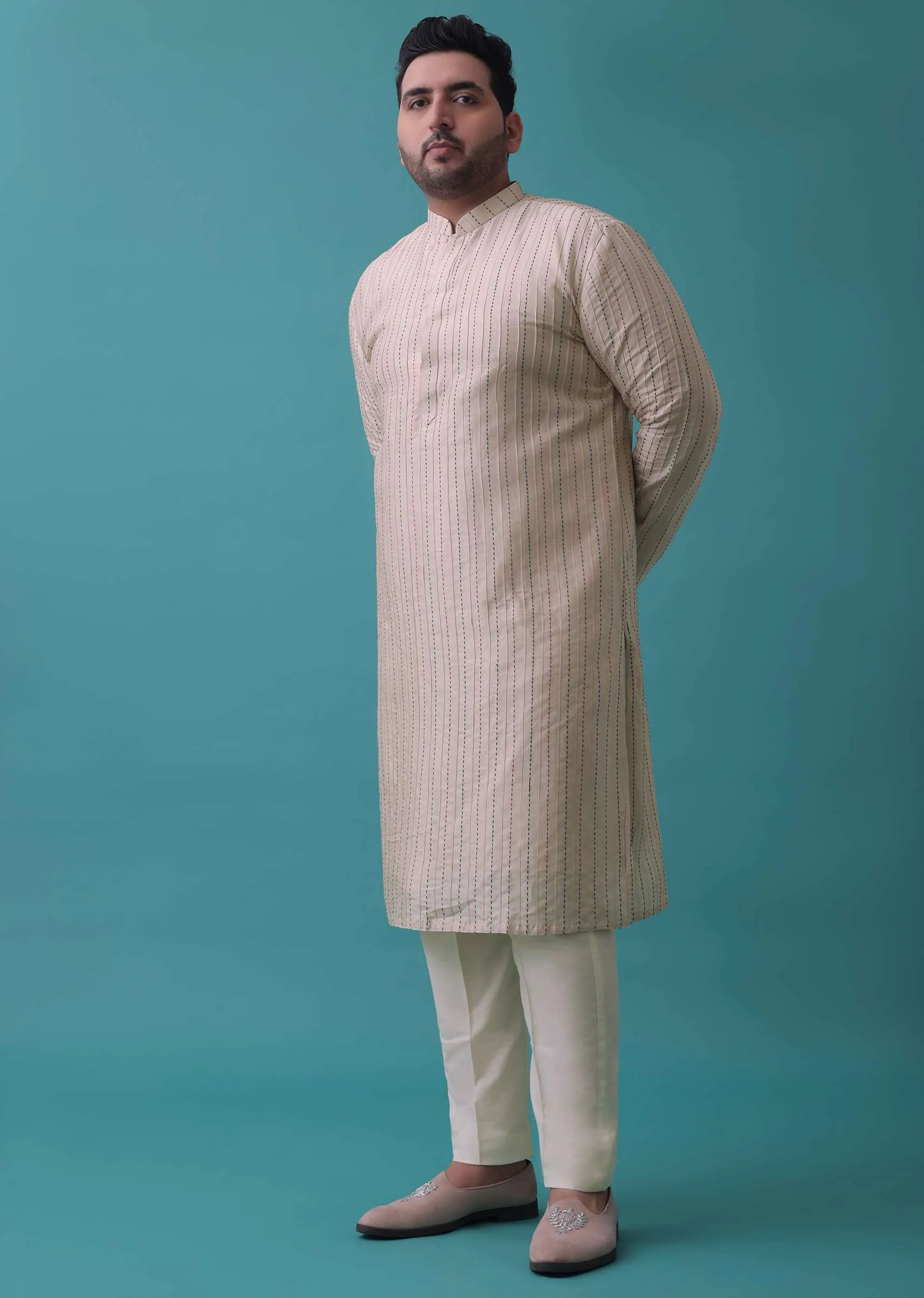Cream White Art Silk Jacket Kurta Set With Threadwork