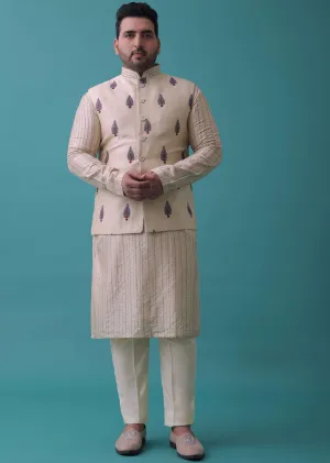 Cream White Art Silk Jacket Kurta Set With Threadwork