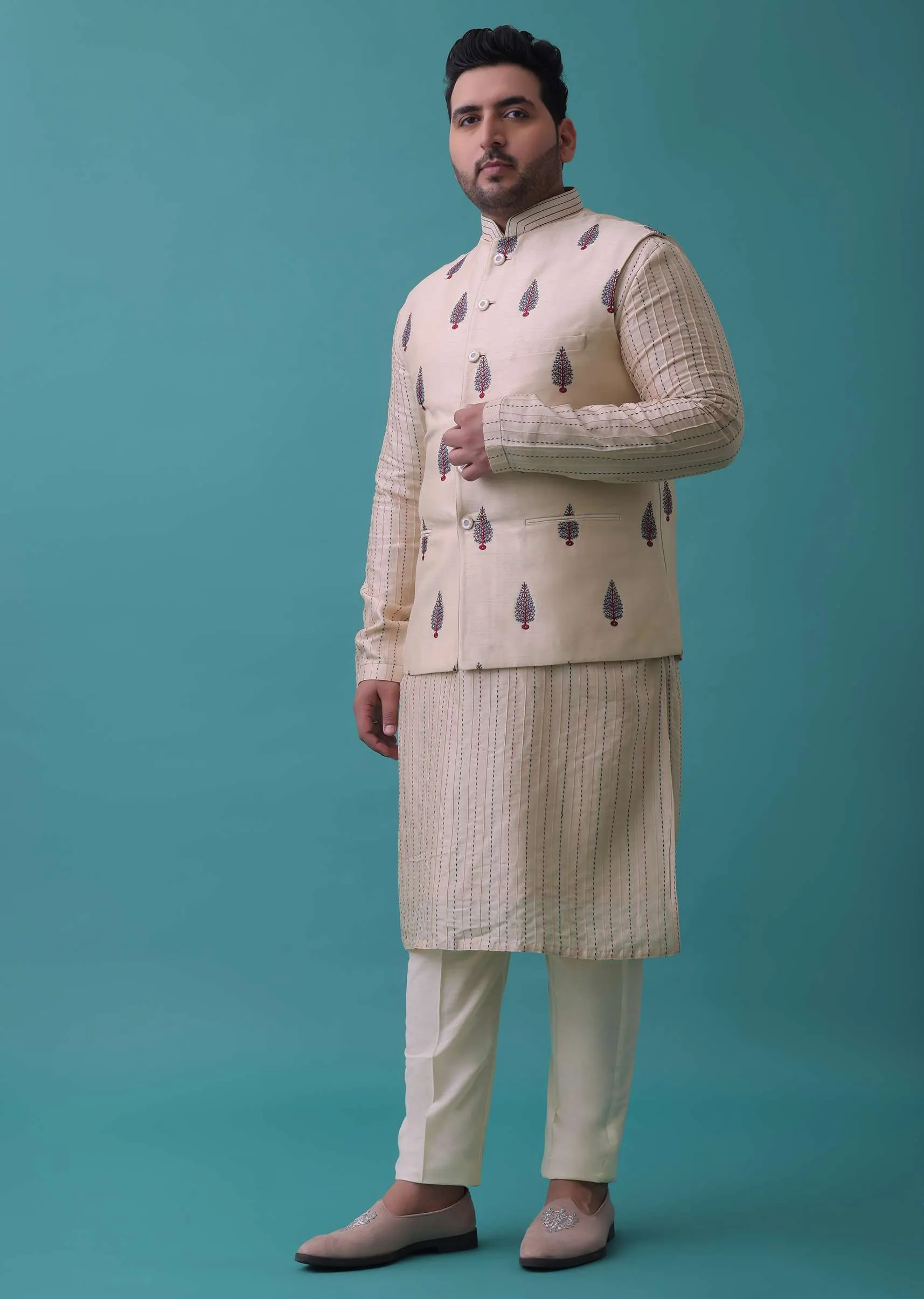 Cream White Art Silk Jacket Kurta Set With Threadwork