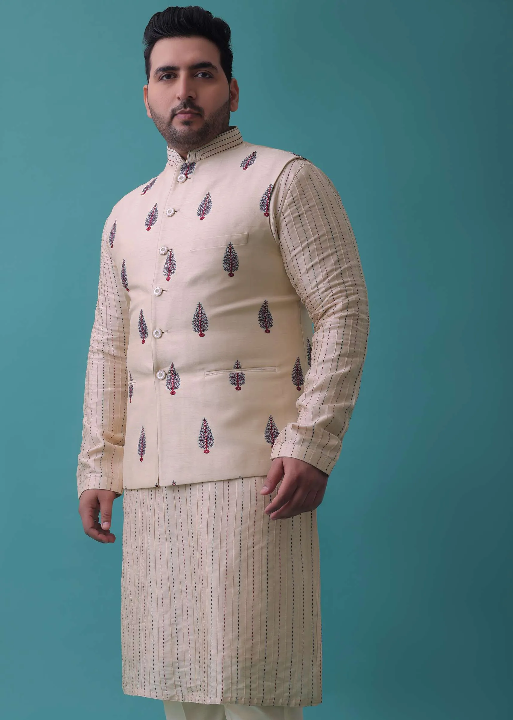 Cream White Art Silk Jacket Kurta Set With Threadwork