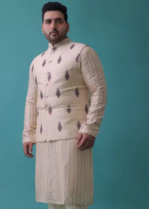 Cream White Jacket Kurta Set In Art Silk With Threadwork