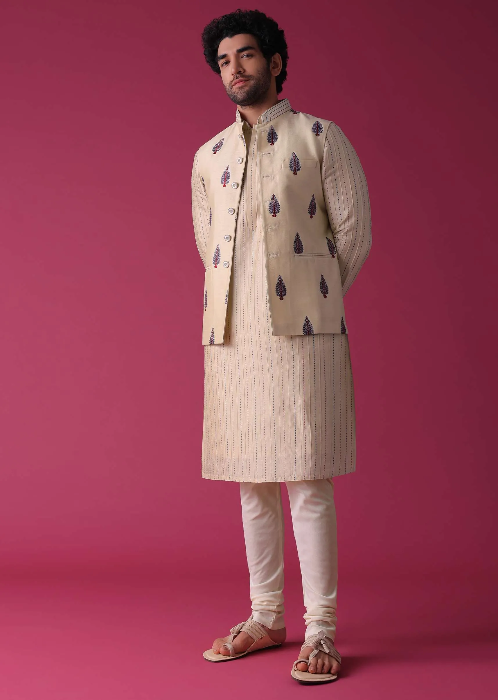Cream White Jacket Kurta Set In Art Silk With Threadwork
