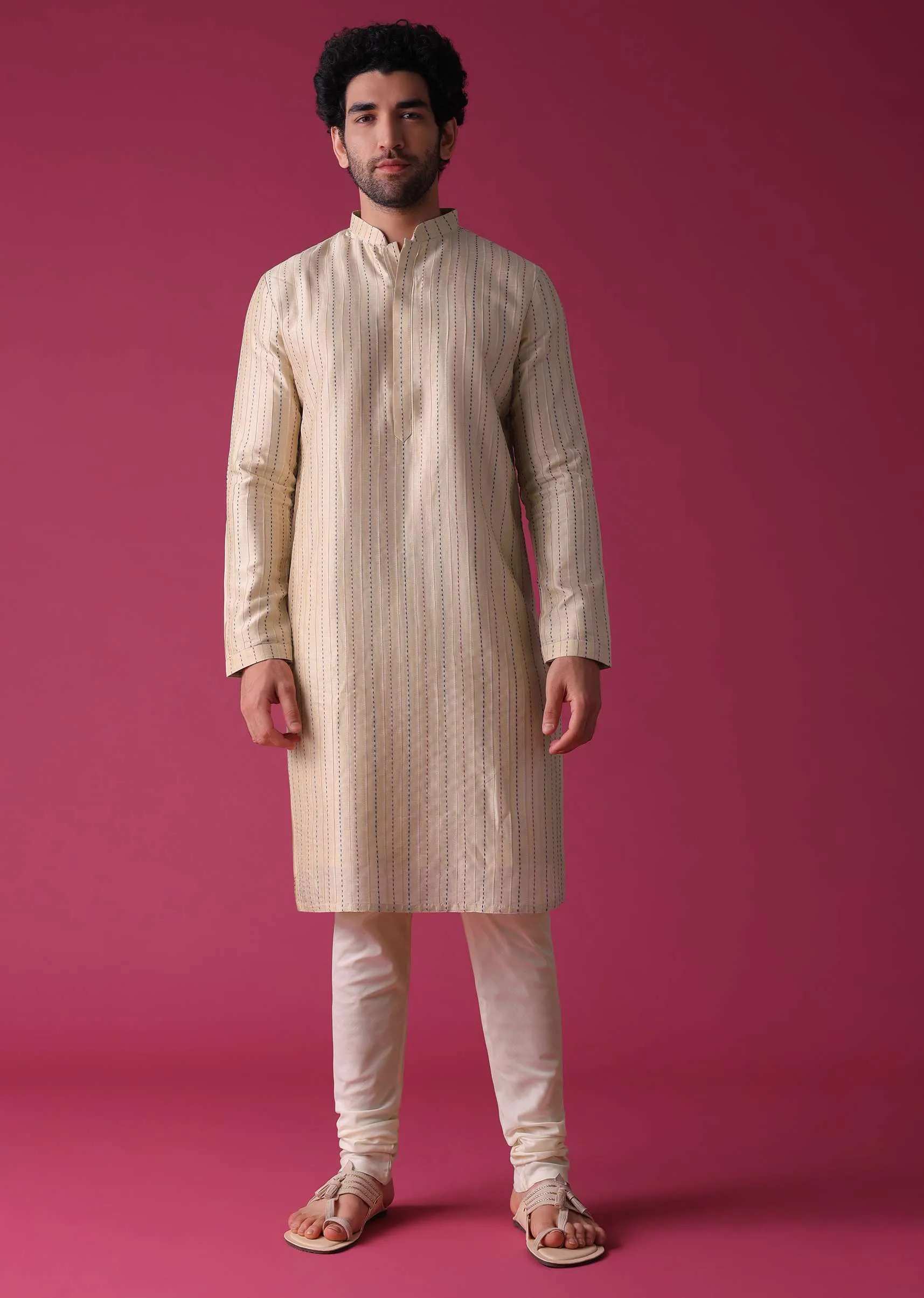Cream White Jacket Kurta Set In Art Silk With Threadwork
