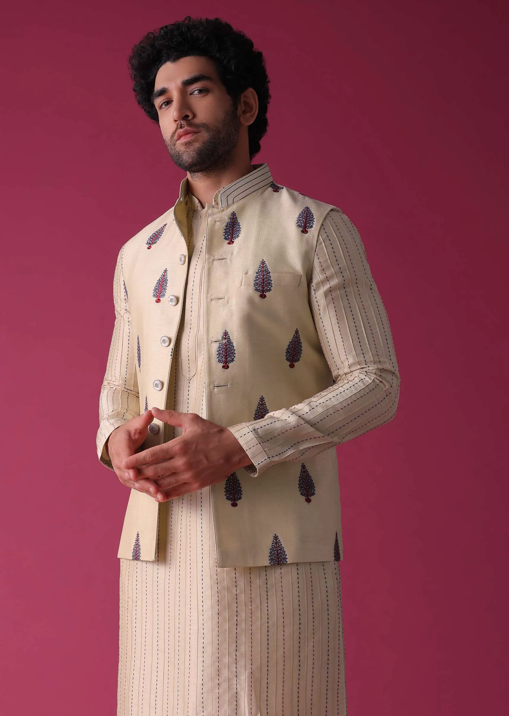 Cream White Jacket Kurta Set In Art Silk With Threadwork