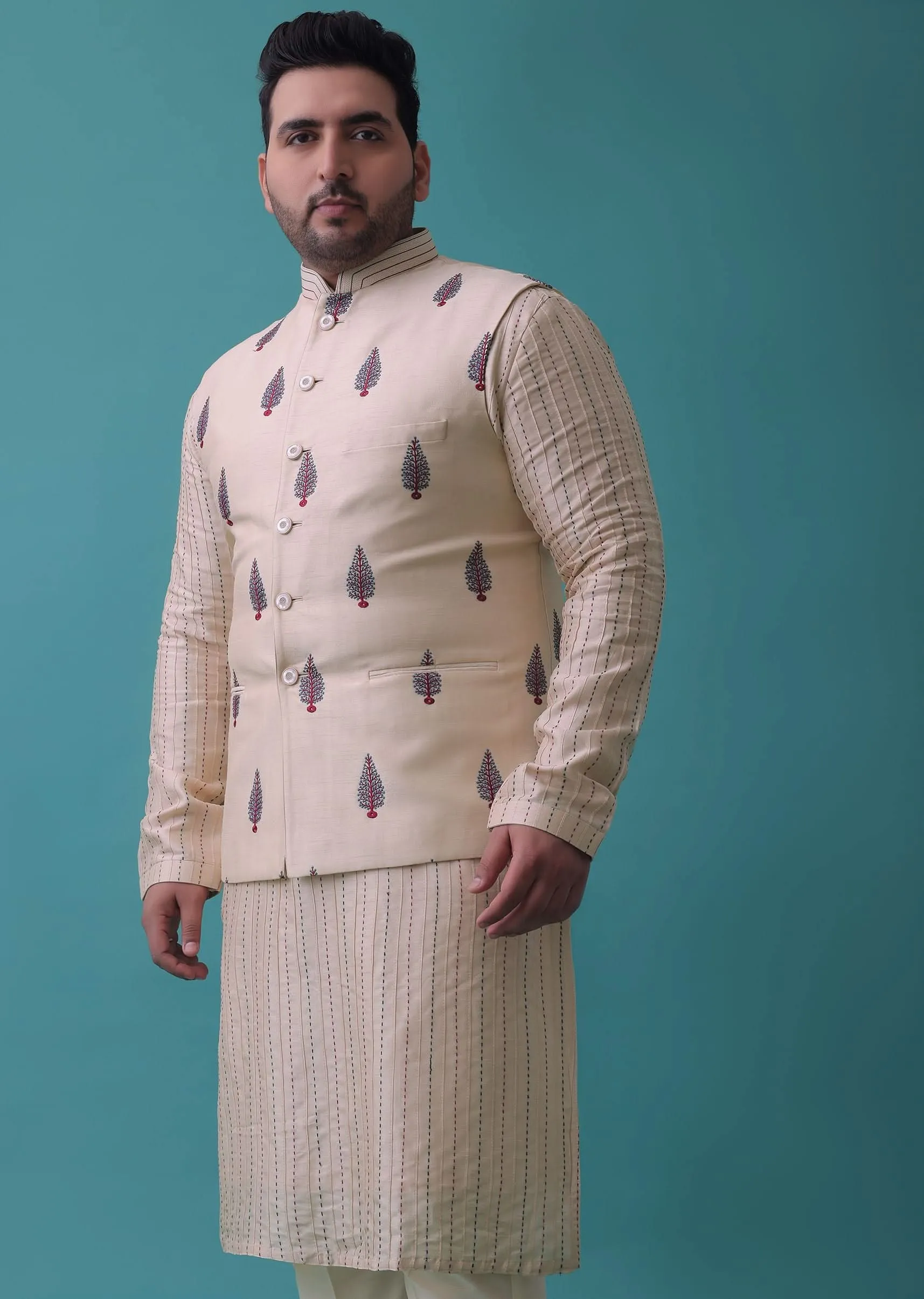 Cream White Jacket Kurta Set In Art Silk With Threadwork
