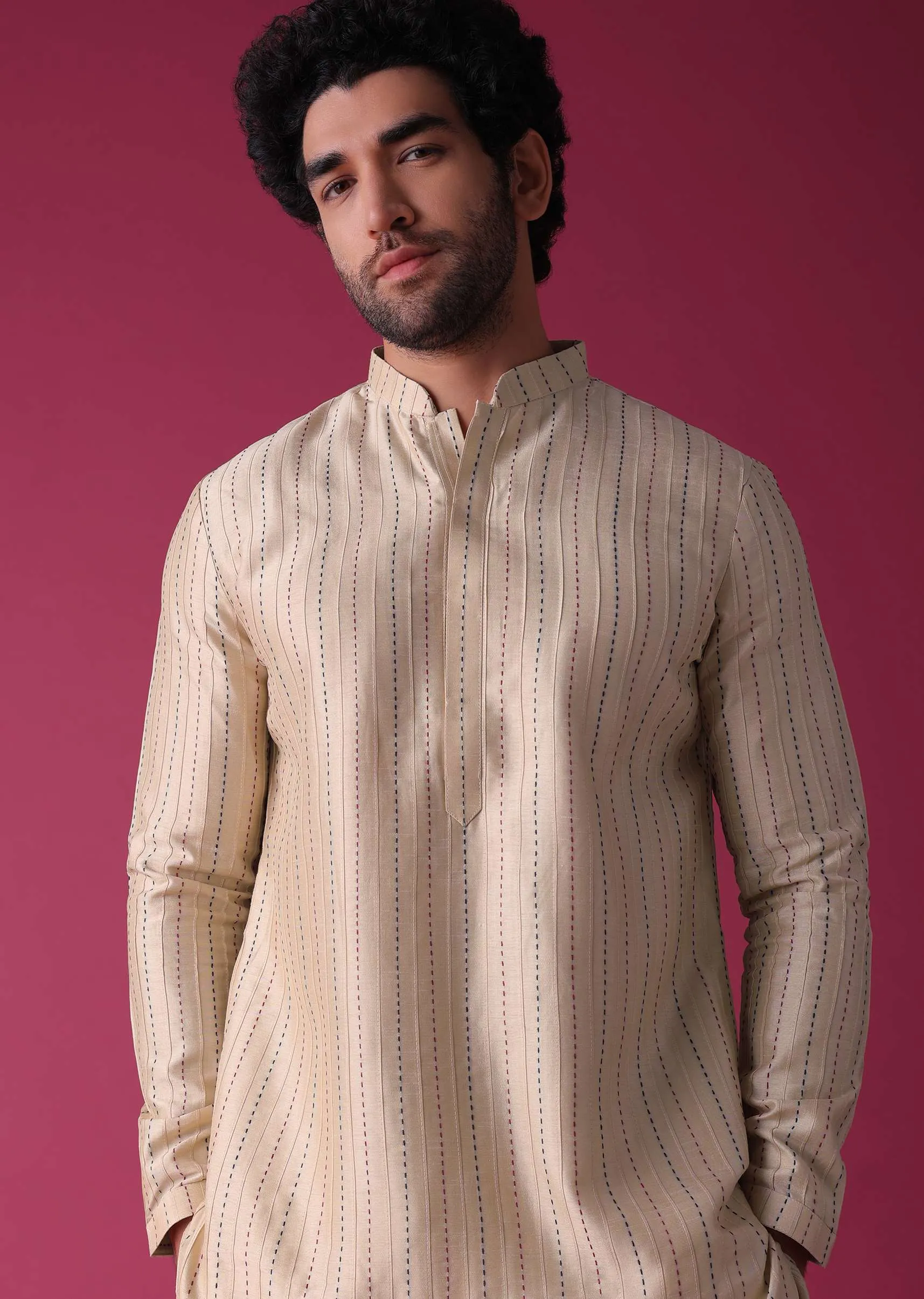 Cream White Jacket Kurta Set In Art Silk With Threadwork