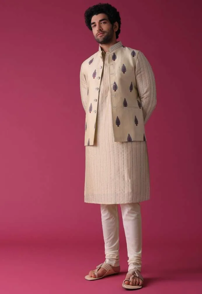 Cream White Jacket Kurta Set In Art Silk With Threadwork