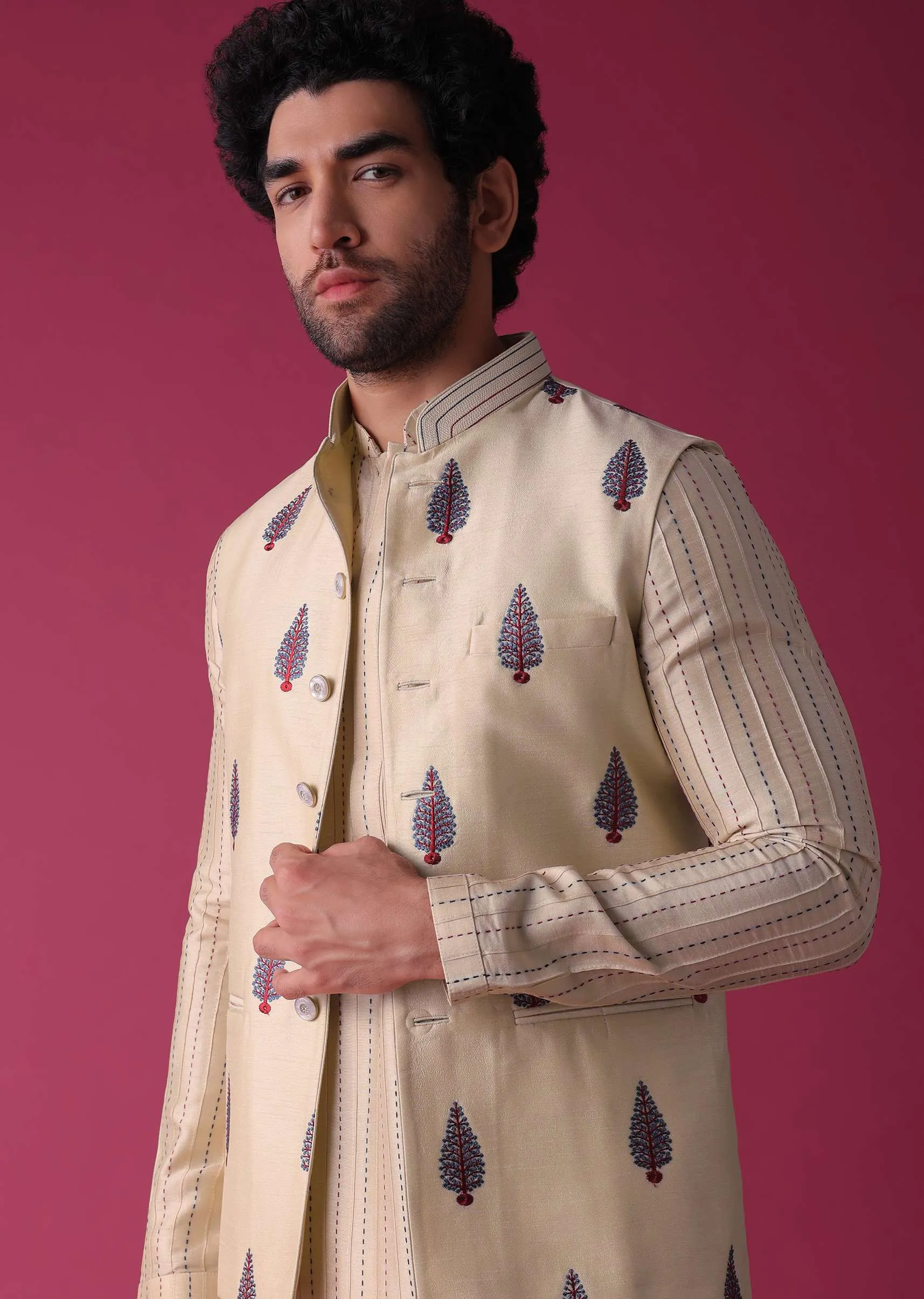 Cream White Jacket Kurta Set In Art Silk With Threadwork