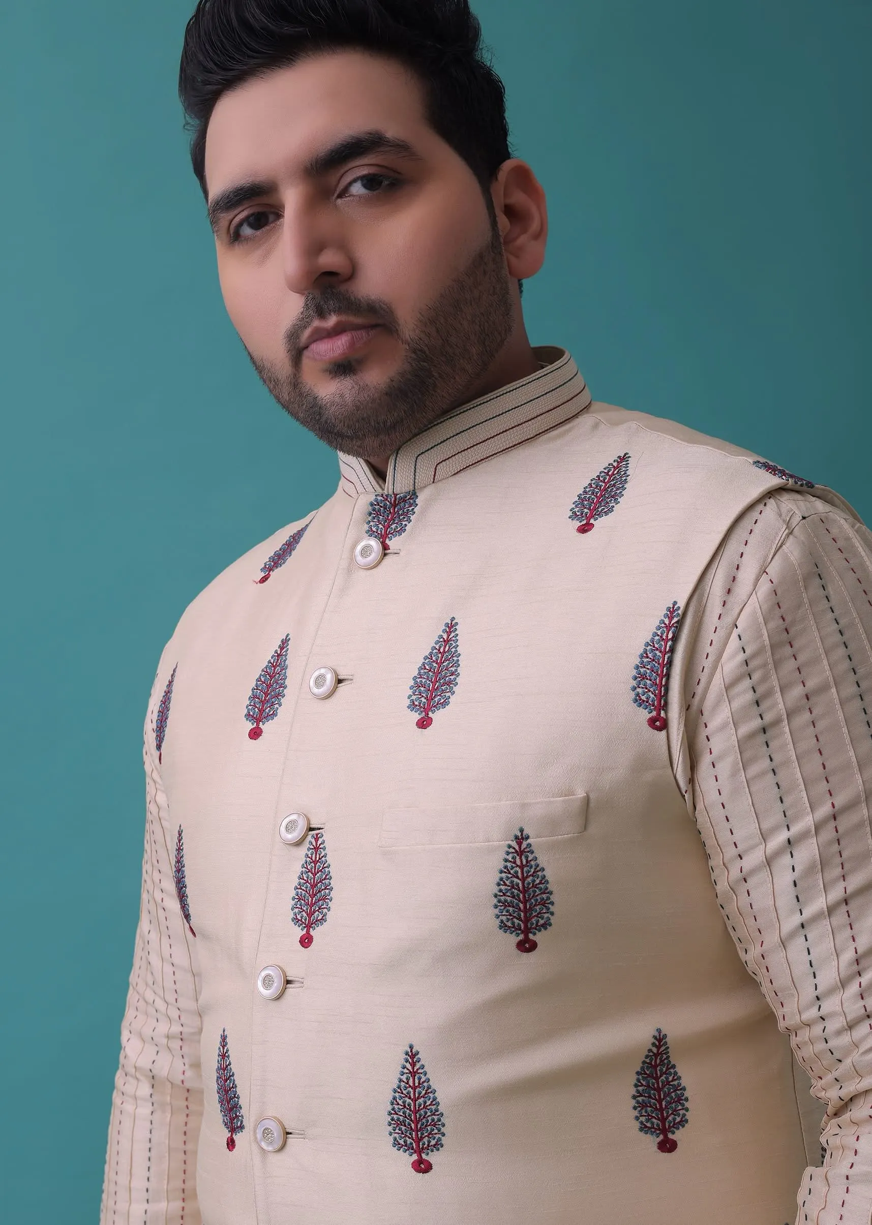 Cream White Jacket Kurta Set In Art Silk With Threadwork
