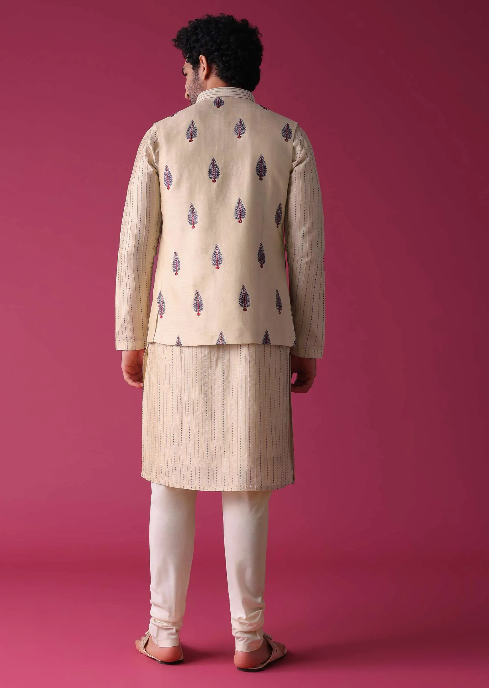 Cream White Jacket Kurta Set In Art Silk With Threadwork