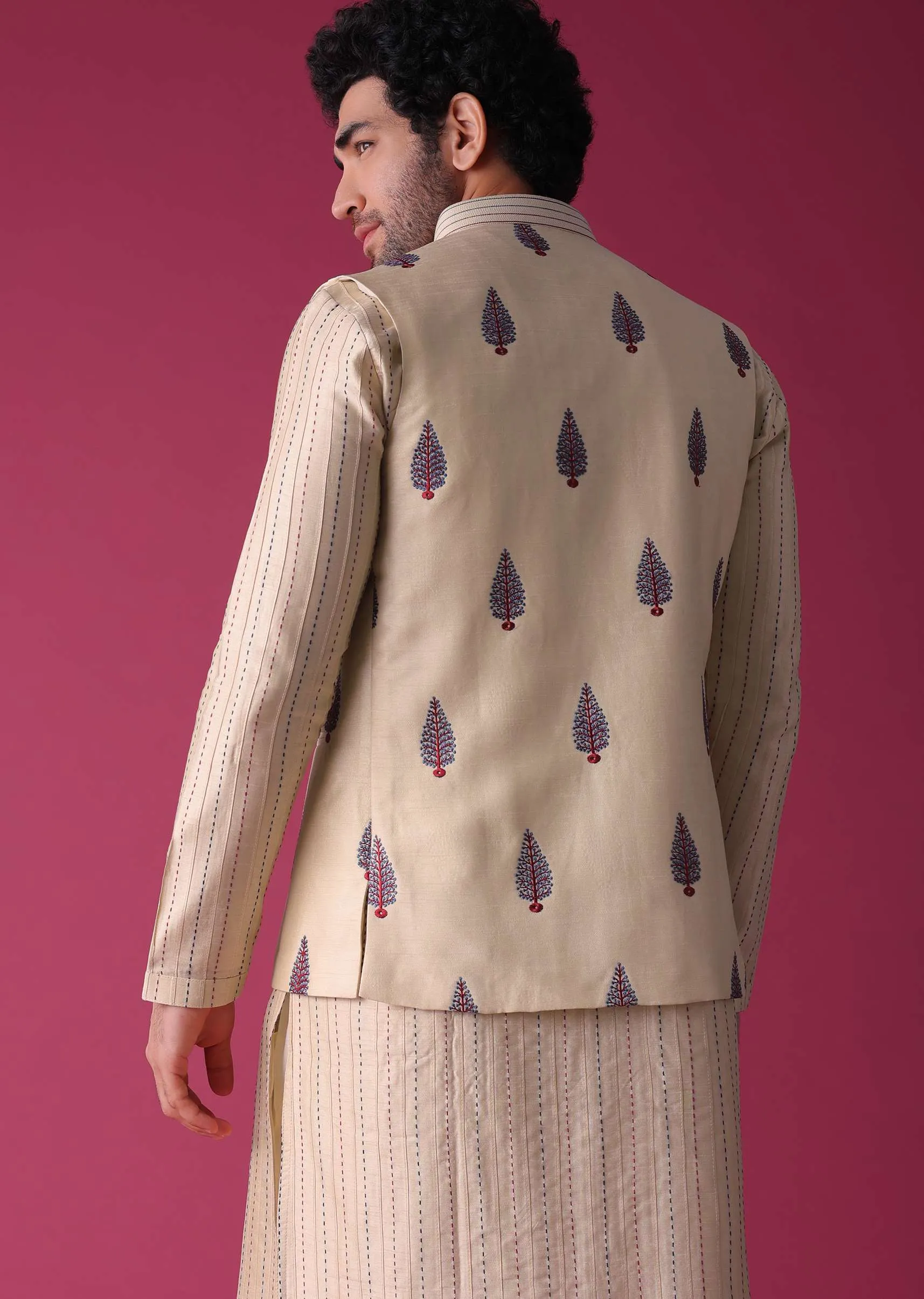 Cream White Jacket Kurta Set In Art Silk With Threadwork
