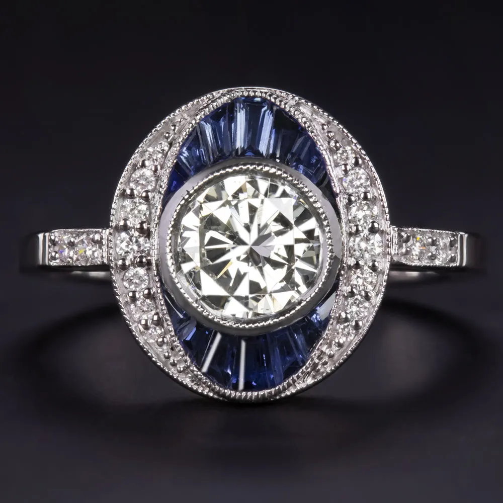 DIAMOND SAPPHIRE COCKTAIL RING VINTAGE STYLE 14k WHITE GOLD ROUND CUT HALO BEZEL