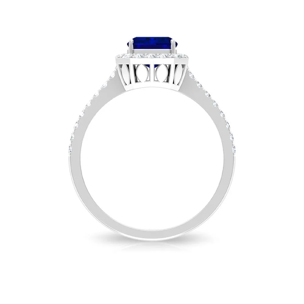 Emerald Cut Created Blue Sapphire Halo Engagement Ring with Diamond