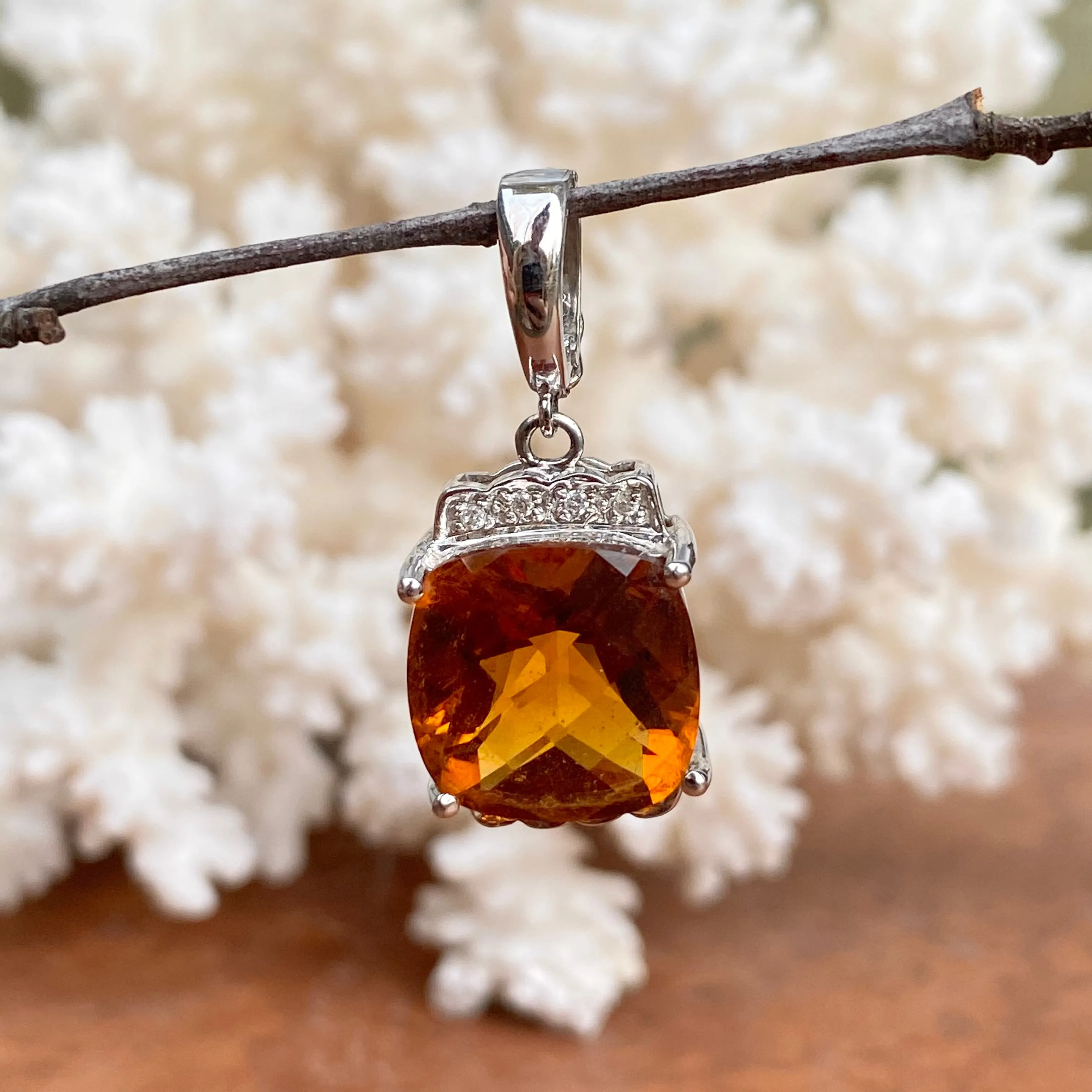 Estate 14KT White Gold Madeira Citrine   Diamond Omega Slide Pendant