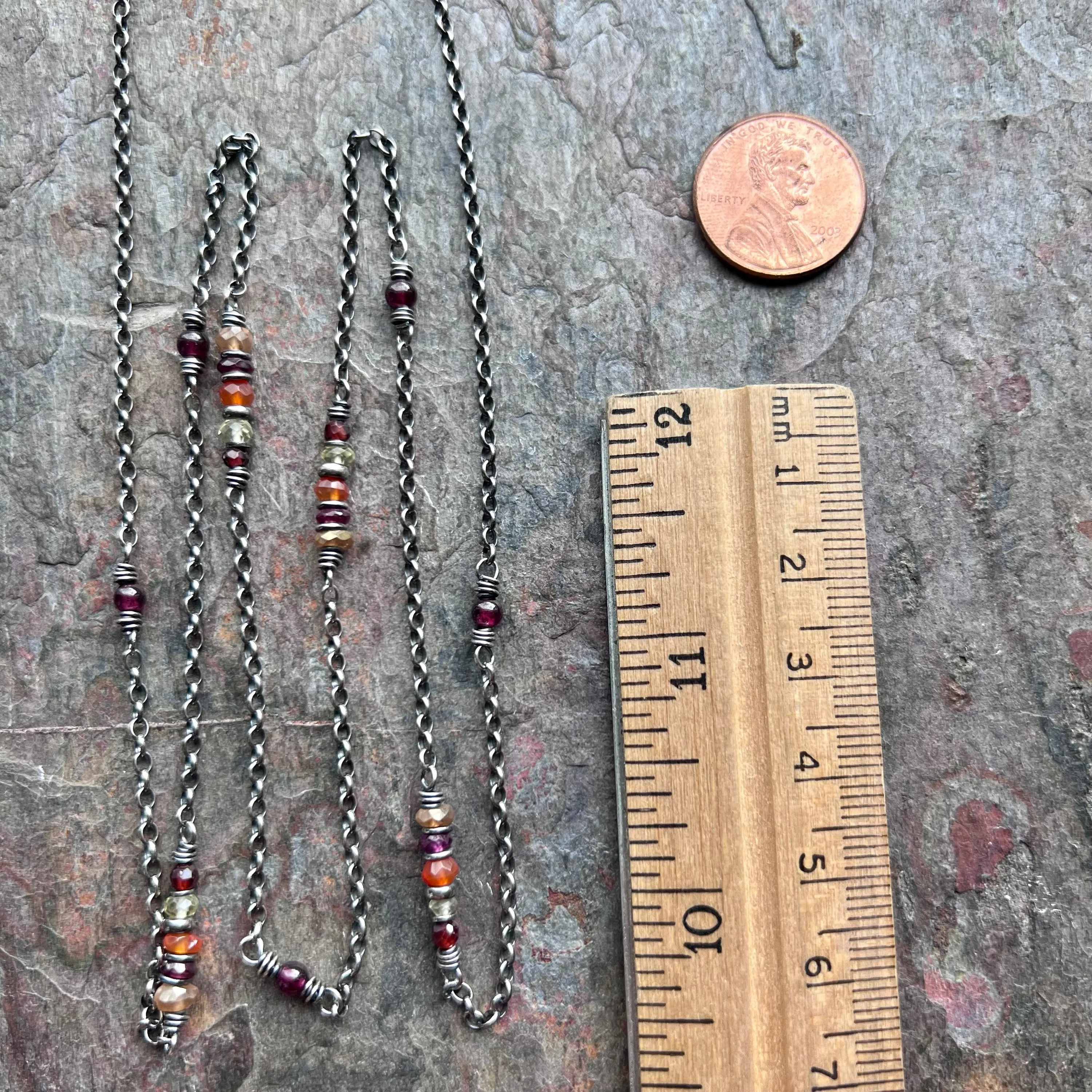 Garnet, Lemon Topaz, Carnelian, and Citrine Long Sterling Silver Necklace