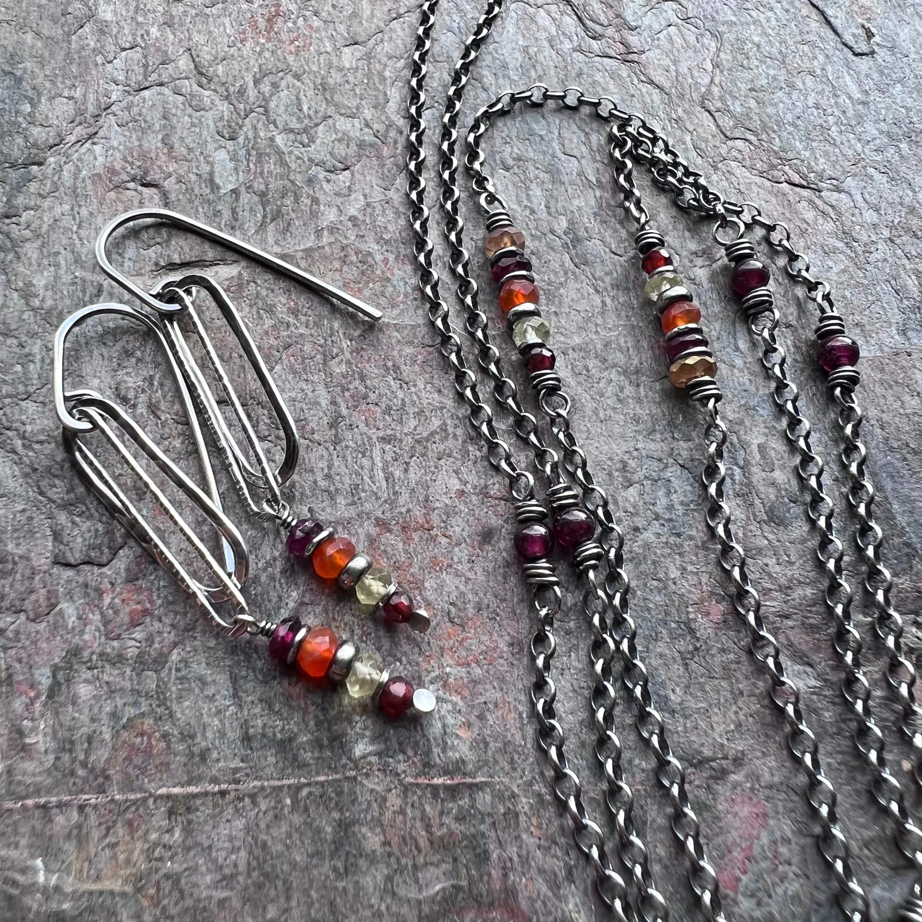 Garnet, Lemon Topaz, Carnelian, and Citrine Long Sterling Silver Necklace