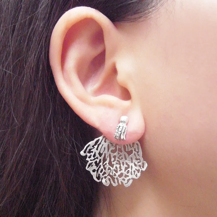 Gold Coral & Silver Octopus Stud Earrings