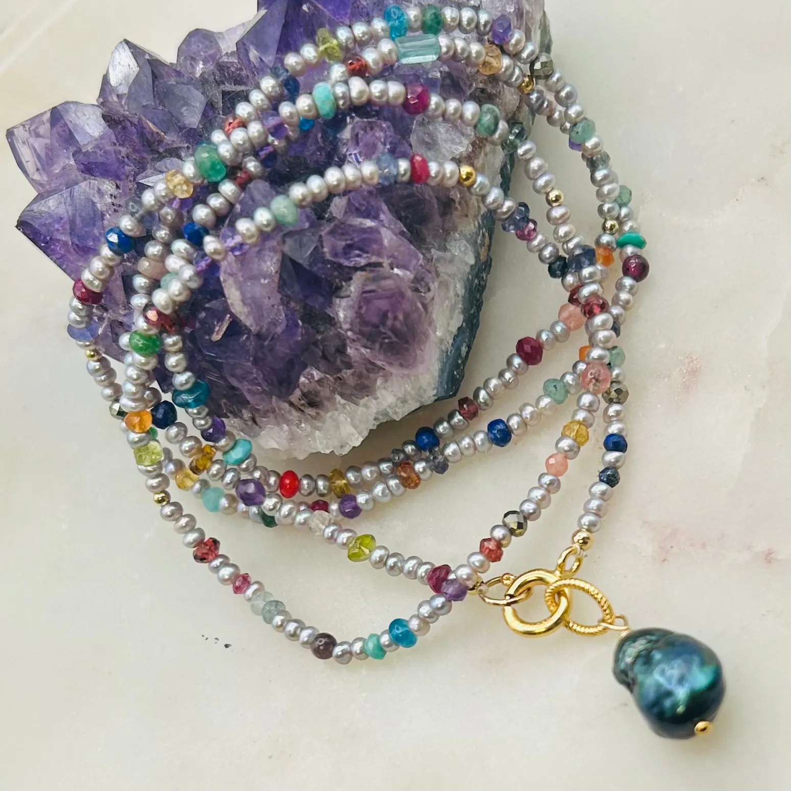 Grey Pearl & Gemstone  Boheme Necklace
