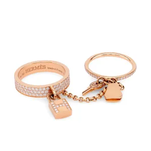 Hermes French diamond 18k rose gold Kelly cadenas double ring
