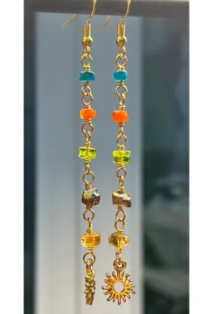 Long Gemstone Rosary Earrings. Apatite, Carnelian, Peridot, Aura Quartz, Citrine Sun Earrings
