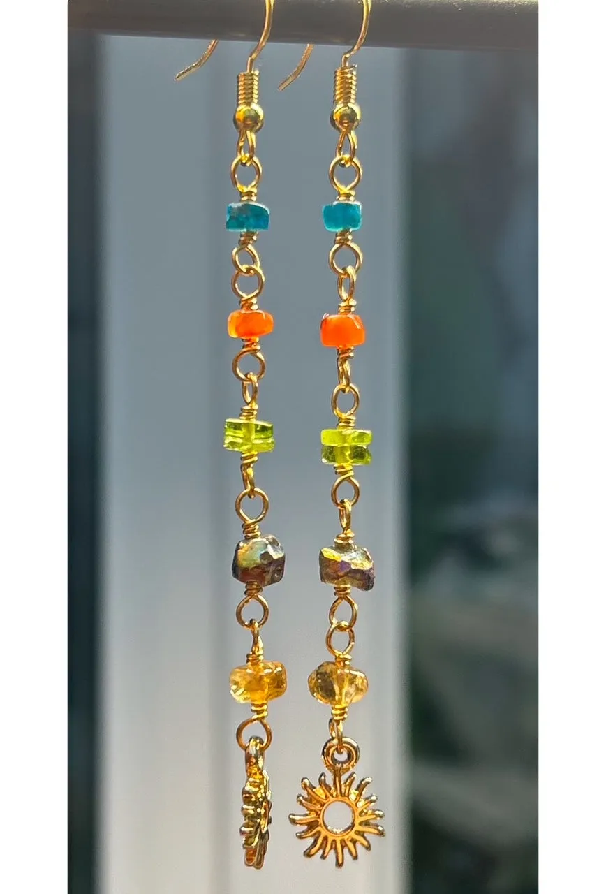 Long Gemstone Rosary Earrings. Apatite, Carnelian, Peridot, Aura Quartz, Citrine Sun Earrings