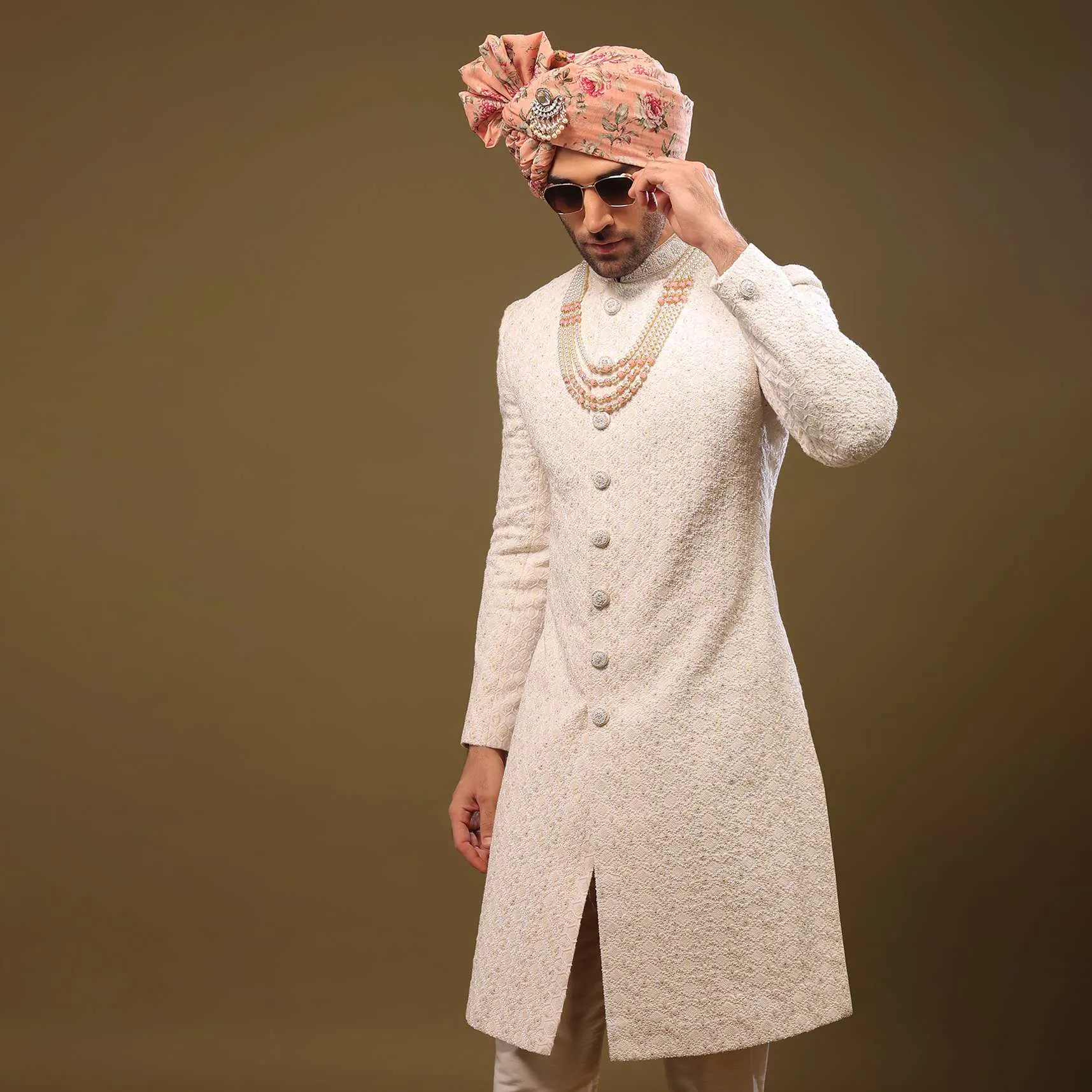 Nude White Lucknowi Sherwani Set In Zari And Cut-dana
