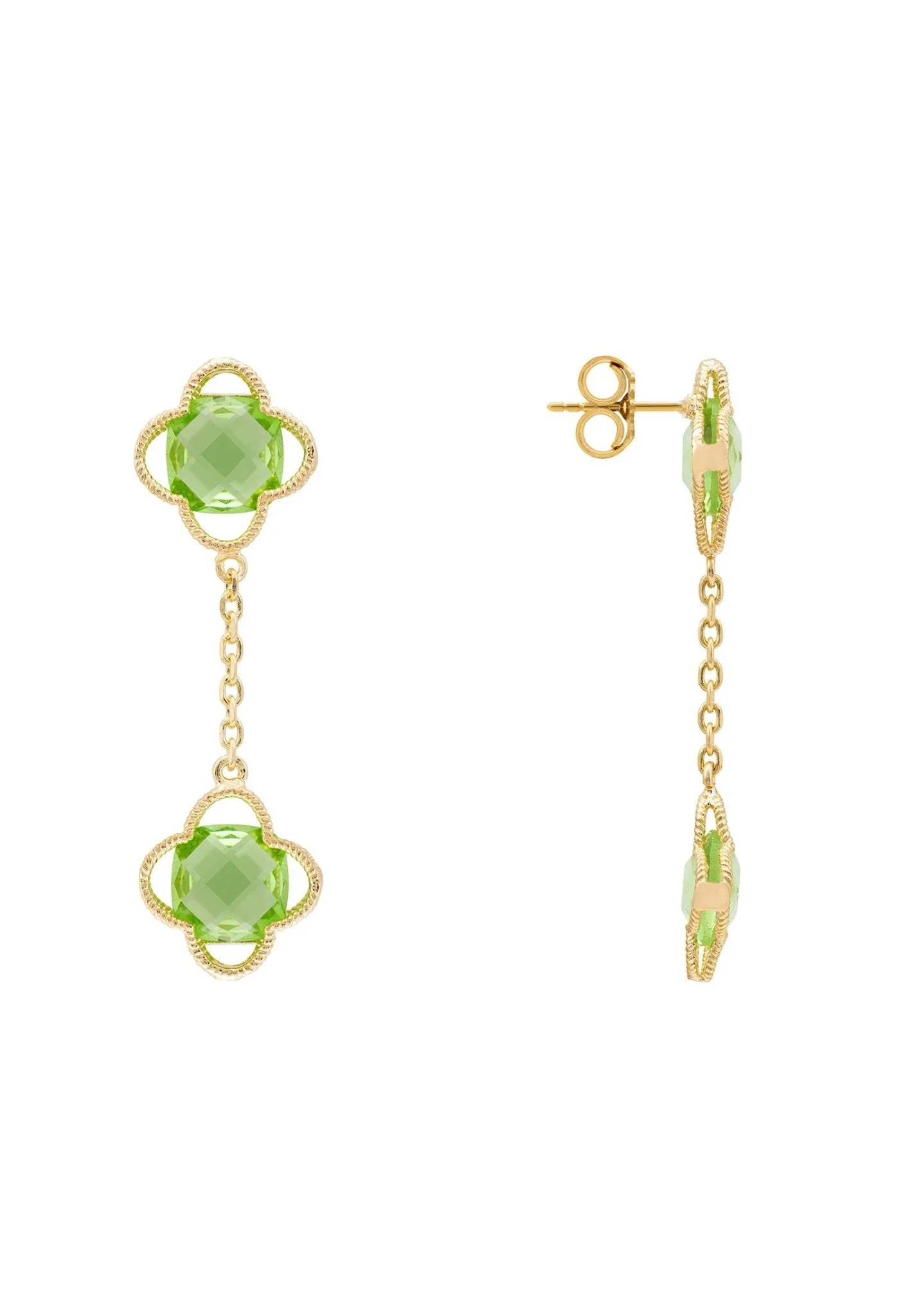 Open Clover Double Drop Earrings Gold Peridot