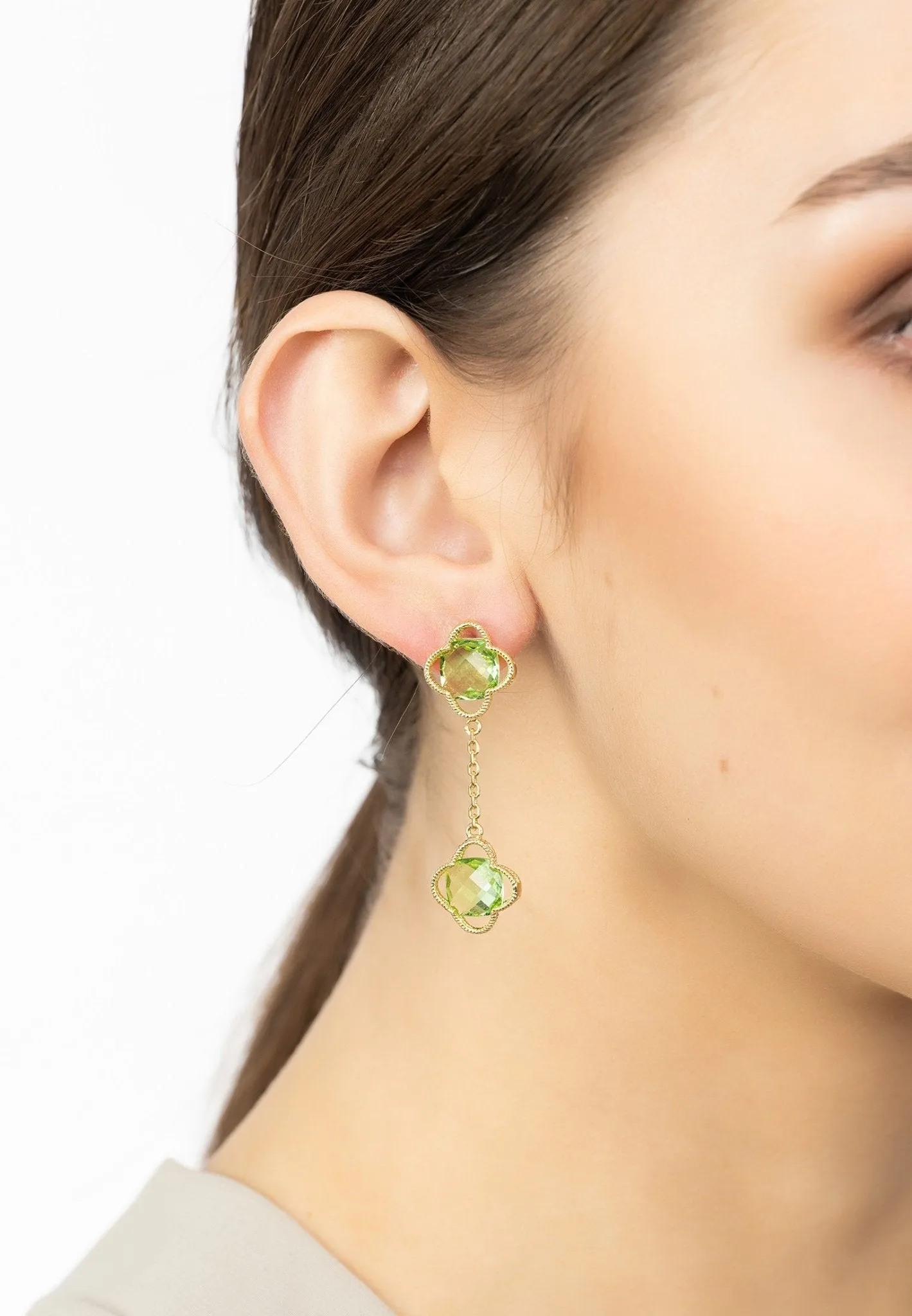 Open Clover Double Drop Earrings Gold Peridot