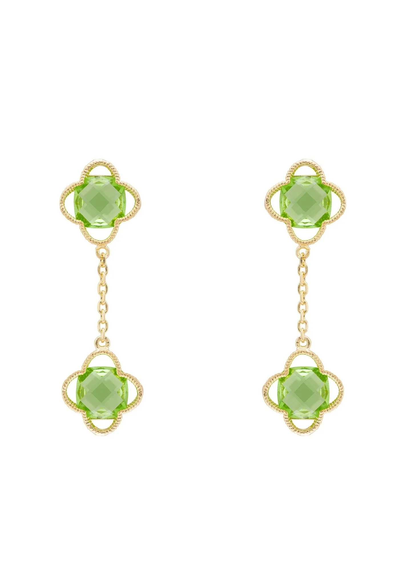 Open Clover Double Drop Earrings Gold Peridot