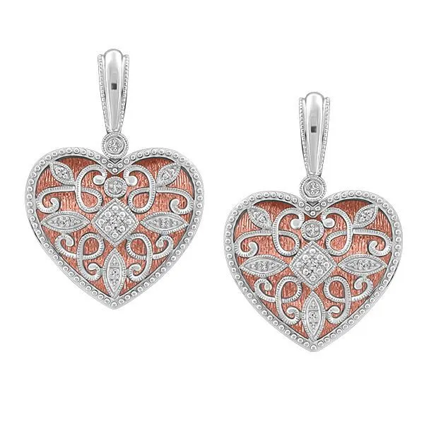 Rose Tone Silver Diamond Heart Earrings