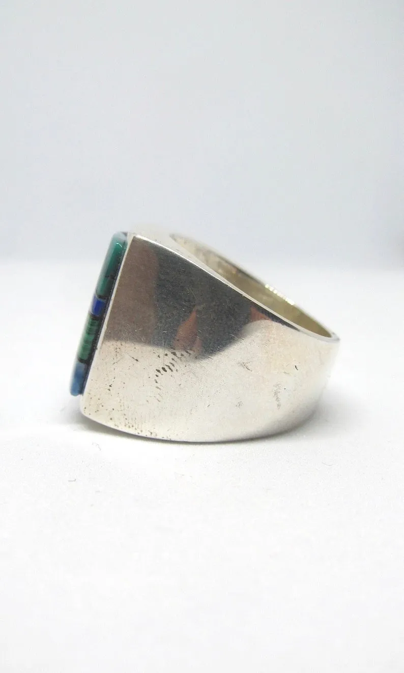 TOUCH OF SANTA FE Massive Mosaic Turquoise, Lapis, Charoite Inlay & Silver Ring, Sz 12.5