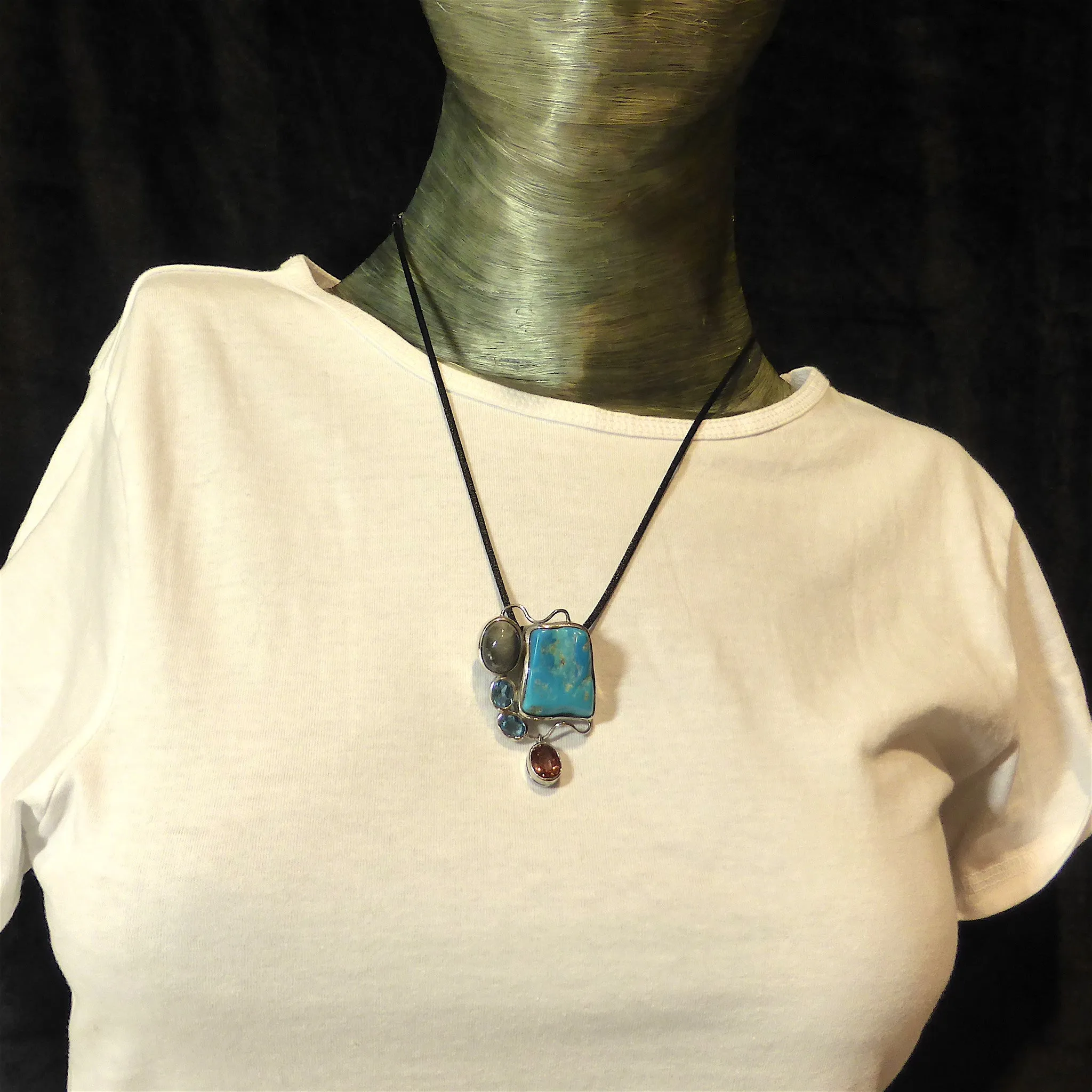 Turquoise Pendant with Cats Eye, Topaz, Rubellite