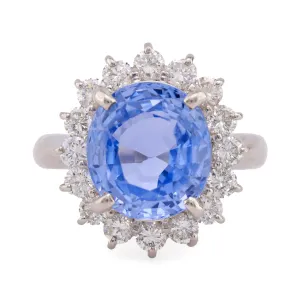 Vintage GIA 7.45 Carat No Heat Sapphire Diamond Platinum Halo Ring