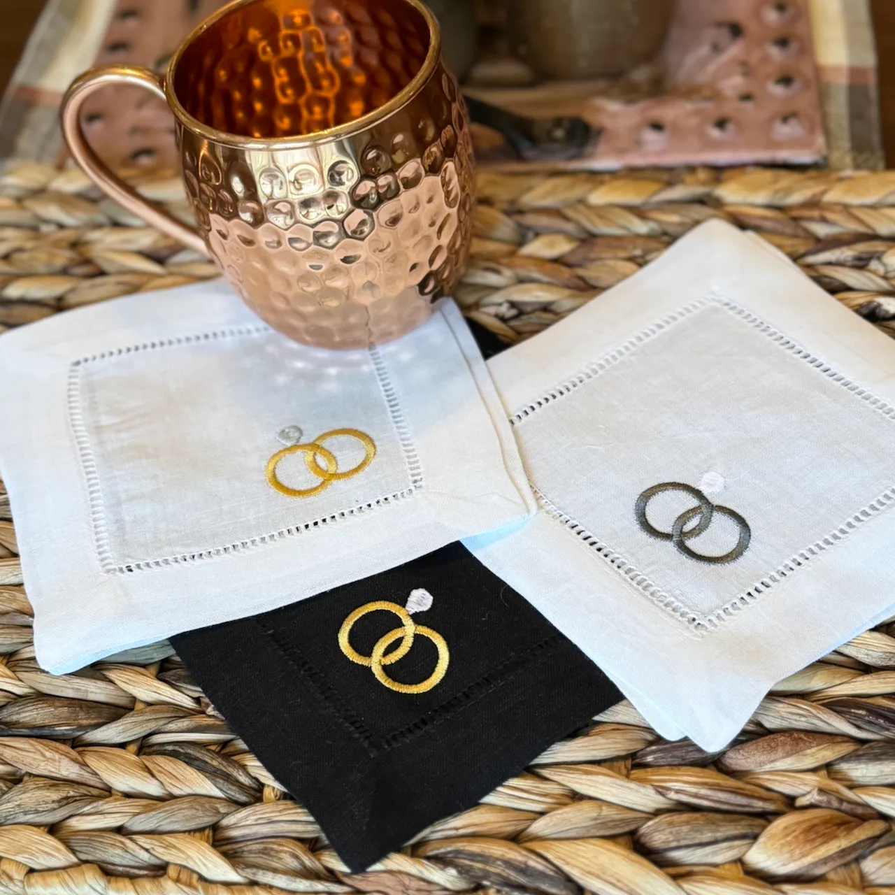 Wedding Shower Cocktail Napkins, Set of 4, Wedding Ring Linen Cocktail Cloth Napkins